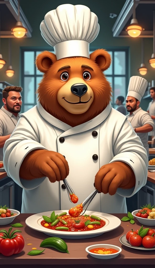 Adult bear, friendly and smiling face,stark , muscular and toned, anime 3 d, Wearing a polo shirt, written MADUREIRA RESTAURANT, serving a plate of feijoada with black beans and lots of pork
