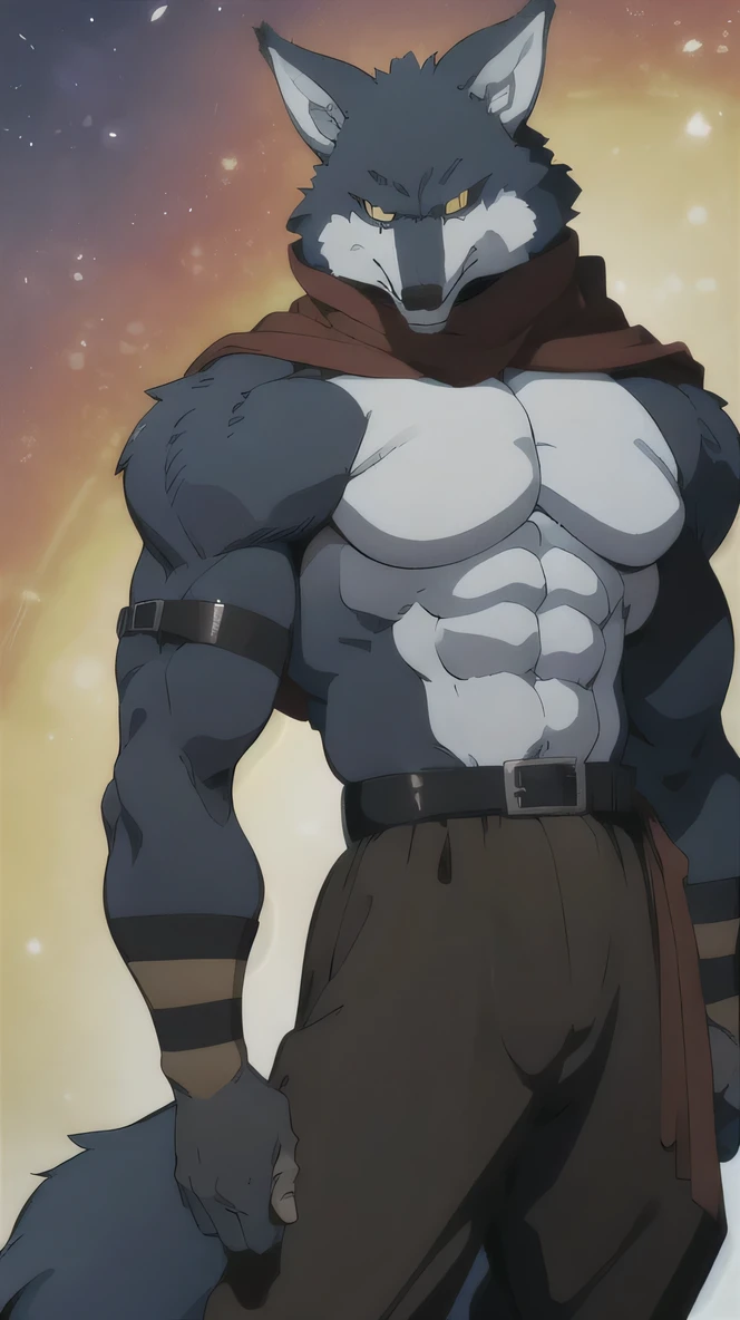 Bergamo _., posing for the camera , Presume. 4k, High resolution, the best quality , published in e621 , Alone, anthropogenic body , man , , man , ( Correcting the muscles , detailed muscles , eyes, broad chest, pectorals, biceped:1.1), correct anatomy , correct proportions, Anatomy of the Taran ,, (white clouds, in a meadow, cielo azul:1.0), (by WFA, por taran fiddler:1.0), (by black:0.8), (clear cell :1.2), cartoon shading, trustworthy , strong, (Long wolf tail :1.0), (pantalones, belt:1.1), ( half black :1.2), (Detailed Bergamo _Eyes of .:1.1), pose strong, looking at the camera , scarf, pose strong, bare chest intense colors, yellow eyes , fluffy wolf tail