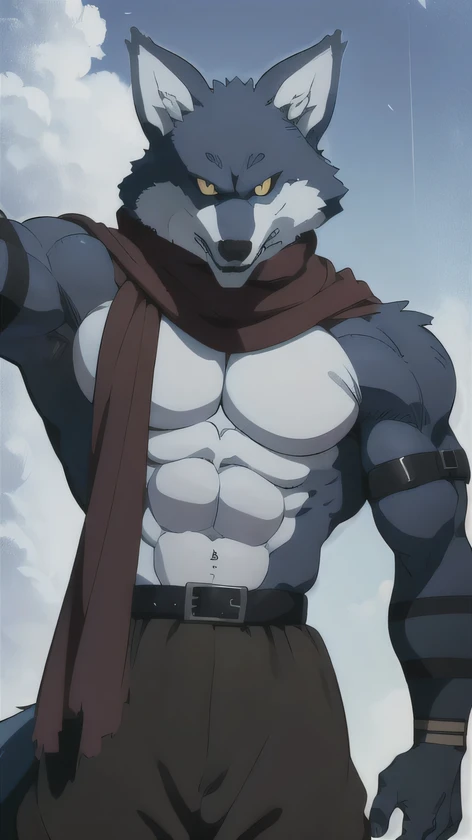 Bergamo _., posing for the camera , Presume. 4k, High resolution, the best quality , published in e621 , Alone, anthropogenic body , man , , man , ( Correcting the muscles , detailed muscles , eyes, broad chest, pectorals, biceped:1.1), correct anatomy , correct proportions, Anatomy of the Taran ,, (white clouds, in a meadow, cielo azul:1.0), (by WFA, por taran fiddler:1.0), (by black:0.8), (clear cell :1.2), cartoon shading, trustworthy , strong, (Long wolf tail :1.0), (pantalones, belt:1.1), ( half black :1.2), (Detailed Bergamo _Eyes of .:1.1), pose strong, looking at the camera , scarf, pose strong, bare chest intense colors, yellow eyes , fluffy wolf tail