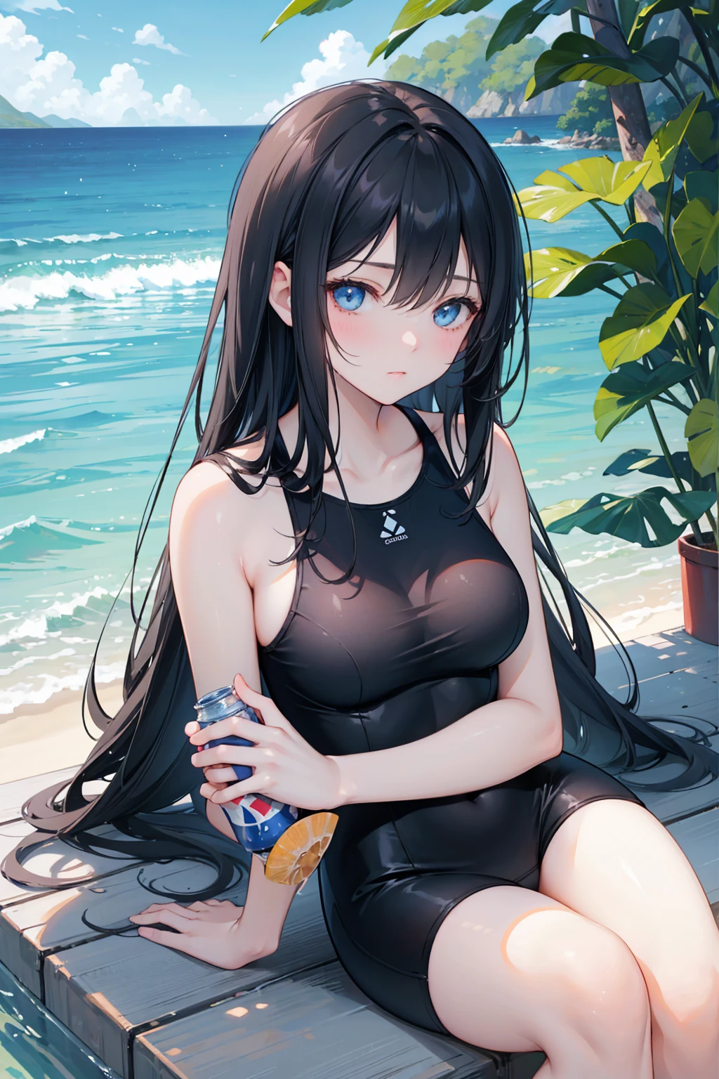 (enjoy style) (in a cute black Bustier Swimwear), (dynamic pose) (15 yo, solo:2 blunt bangs:1.2, black hair long hair lovely girl, sexy closed eyes, ecstasy love smile, sexy pink lip), break, in the beautiful Sandy Beach, background beautiful ocean), BREAK, perfect anatomy, masterpiece, best quality, 16k, beautiful detailed grow, daydreaming expression.