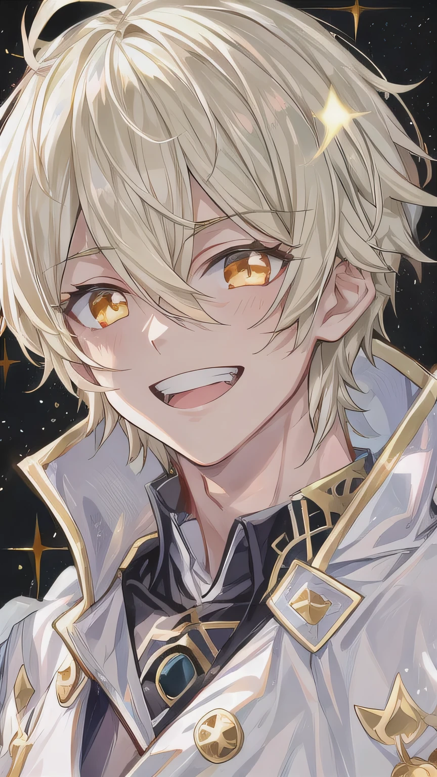 A young man with short hair，  wearing a white lab suit and white clothes，  sparkling golden eyes ，  In a dark castle background ，Stand casually，带着Dangerous Smile ， weird eyes ，  Ancient ruins ，Smile，  bright eyes，  dark cold background ， Malicious ，  dismissive dark world background ，Light blond short hair ，  messy hair ，  handsome，  black boots ，  Dark Smile ，  Dark Background ， Dangerous Smile ，  black gloves ， Golden eyes