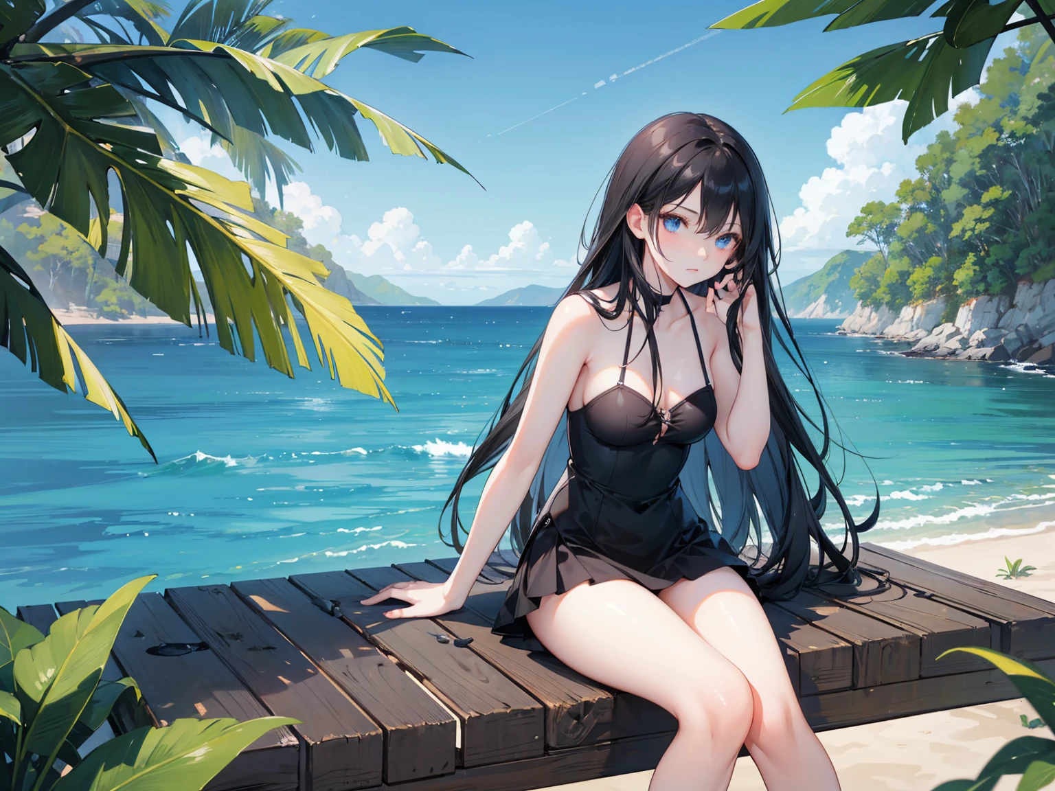 Black Hair, Black ruffled bikini, Small breasts, Top view, Lying down, Cool look, Tropical flowers, Shallow sandy beach, Head Up