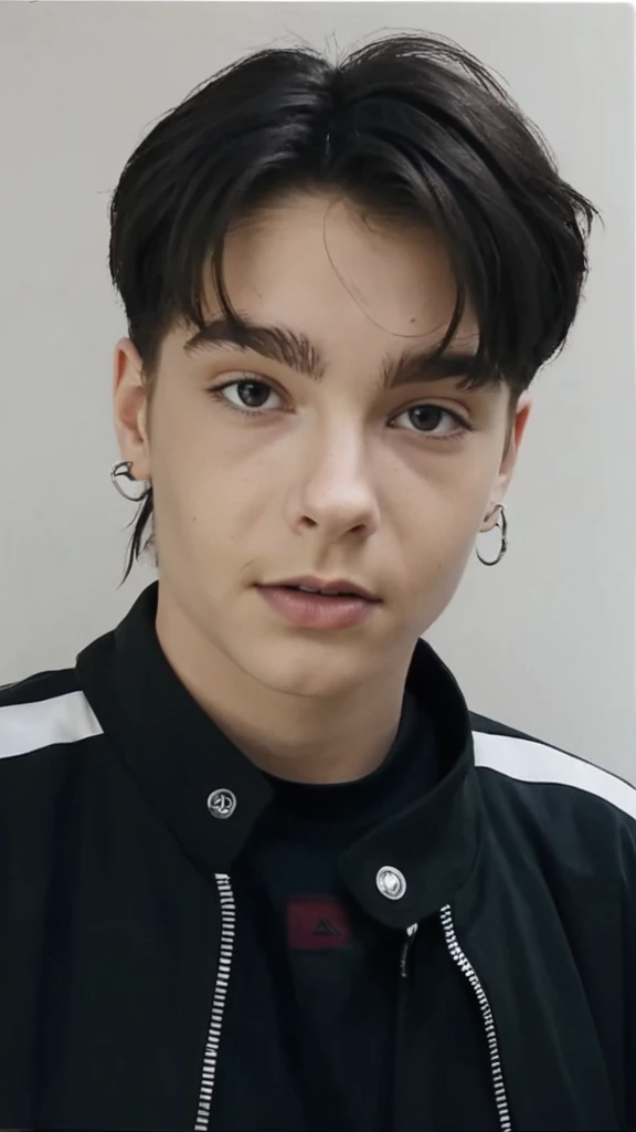 Beautiful 19 year old femboy, boyish face, big blue eyes, black shaggy hair
