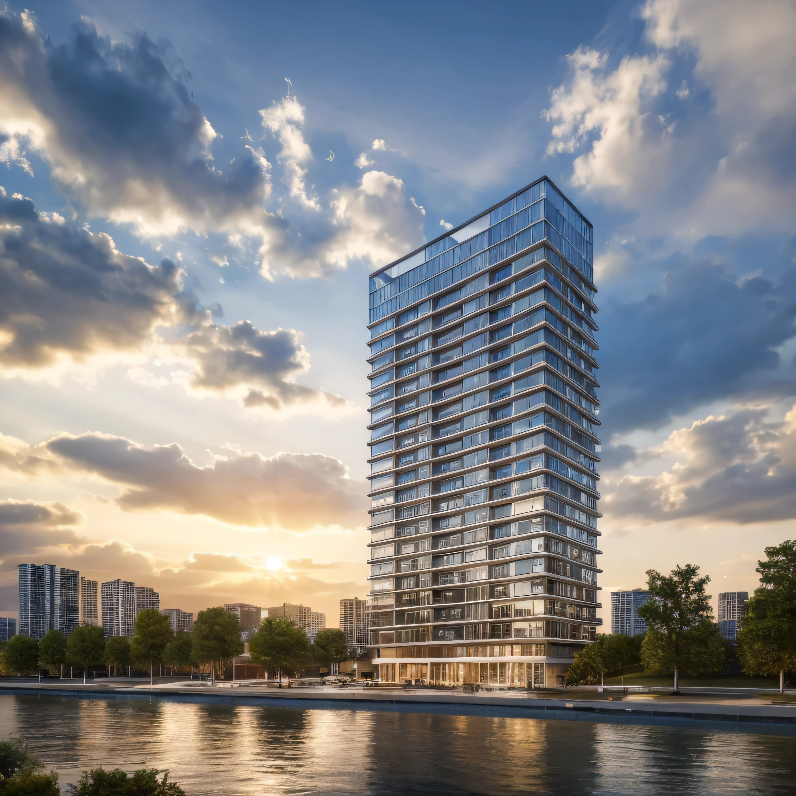 Riverside high-rise building, apartment space, exterior design, architecture, a building, sunset, rain, masterpiece, best quality, super detailed, realistic, photorealistic, 8K, sharp focus, a photo of a building, a photo of an old van, night city, reflections, motion blur.