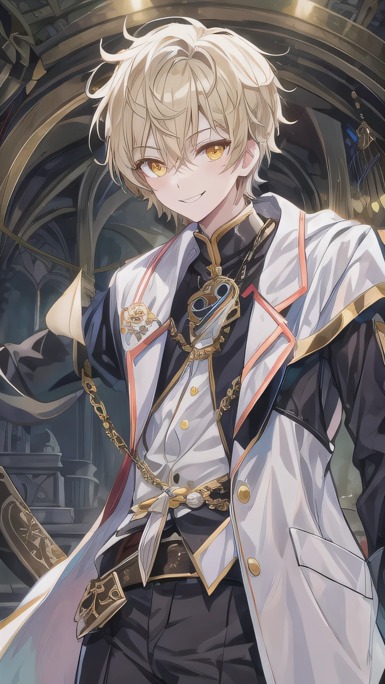 a man with short hair , in a dark dark world background {x} in a white lab suit and white clothes, sparkling golden eyes , in a dark castle background , stand casually ,带着Dangerous Smile , Weird eyes , Ancient Ruins , Smile, bright eyes, dark cold background , Malicious , in a dark castle background , light blond short hair , messy hair , Handsome, black boots , Dark Smile , on dark background , Dangerous Smile , black gloves , golden eyes