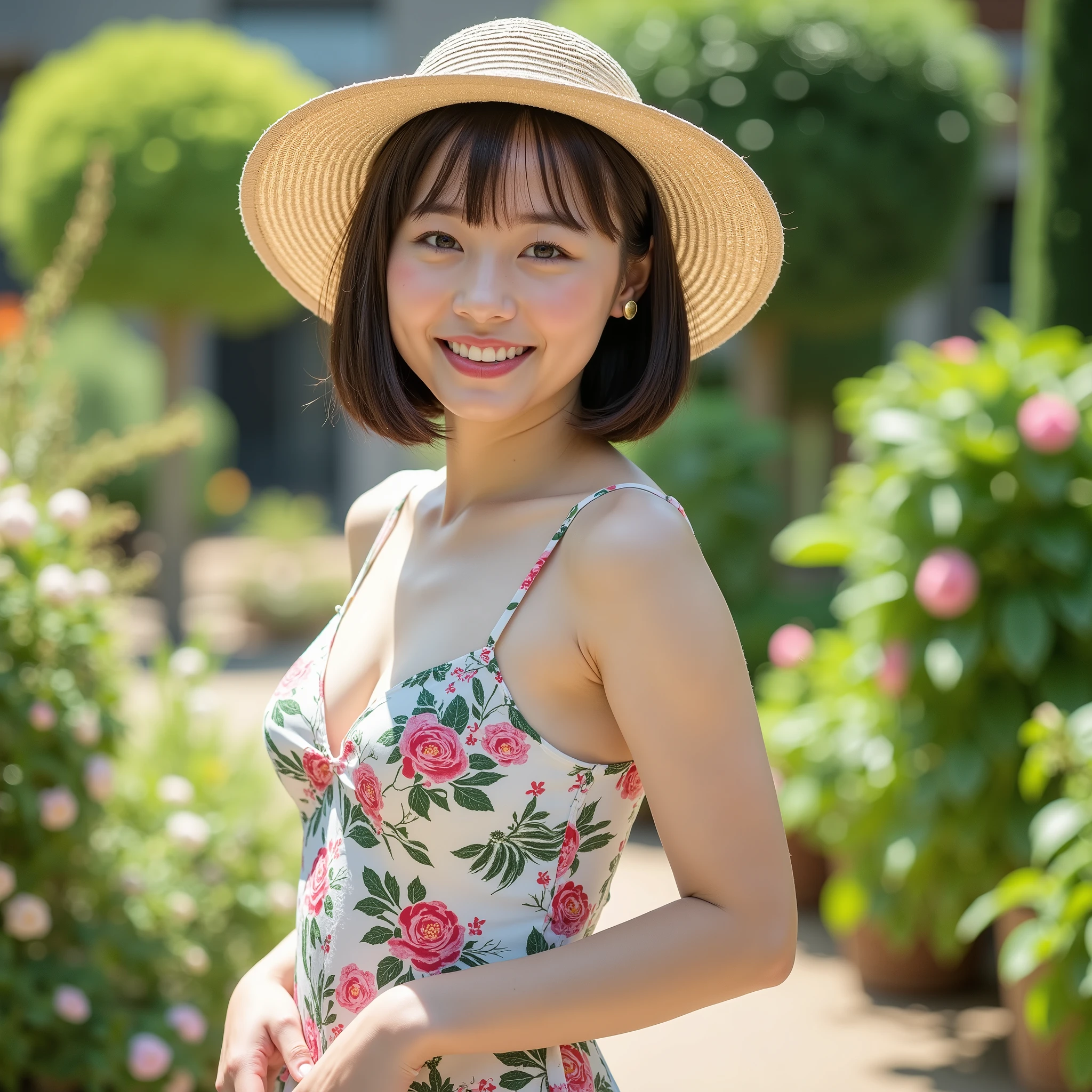 masterpiece, highest quality, disorganized, perfect anatomy, 1 girl, alone, pascal tales, short hair, beautiful, Hilarious, sunny day, botanical garden, Summer winds, sundress, Floral, wavy hair, smile