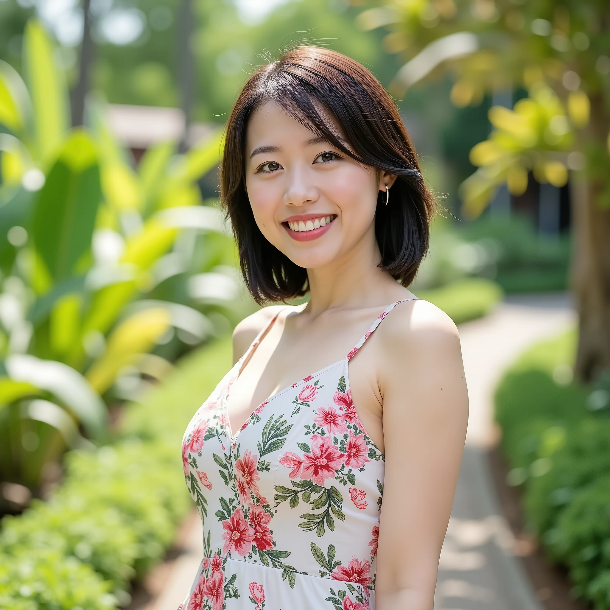 『 1 Japanese girl :1.3』『 real photos:1.3』 best quality :1.2、(( big breasts))、 and see a little bit of cleavage 、(( young woman))、(( have red cheeks ))『 smiling with her teeth :1.9』、((( anatomically correct、 Perfect Anatomy、 anatomically correct指)))、 realistic, best quality , Ultra high resolution, RAW photo, (Curvy body)、 Urzang-6500-V1 .1, ( RAW photo:1.2), ( photorealistic), (Genuine:1.4), (masterpiece), Masterpiece, best quality , absurd, Perfect Anatomy, one girl, Alone, The Story of Pascal, short hair, beautiful, cheerful, sunny day, Botanical Garden, Summer Breeze, sundress, floral, straight hair with four, smile,