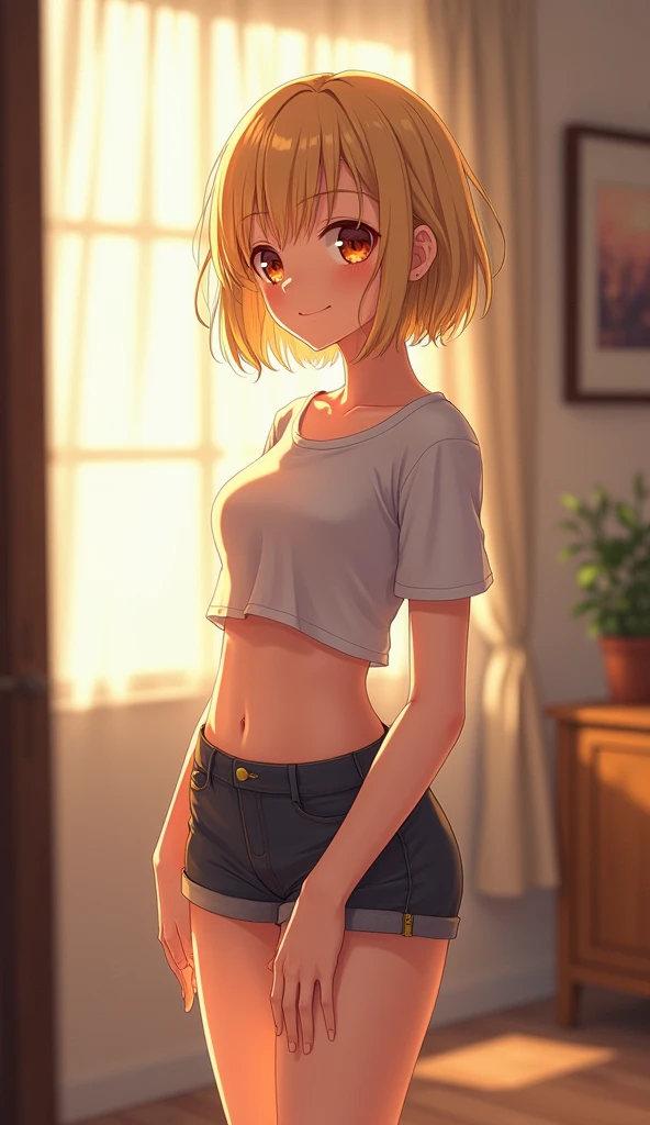 A sexy and pretty first-year high school girl with a nice figure, D-cup breasts, wide pelvis, and thin waist, wearing a see-through white off-shoulder crop top that shows all of her black underwear and a denim skirt that is so short that her buttocks are visible.