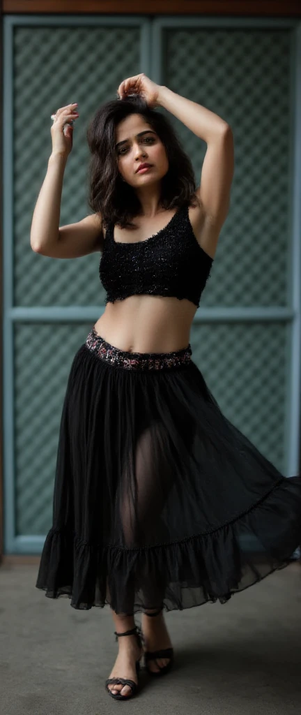 photo of a (slim thick) woman dancing on the dancefloor, smiling and dancing, nice ass, wide hips, slim waist, dim club background, high resolution, dramatic cinematic lighting