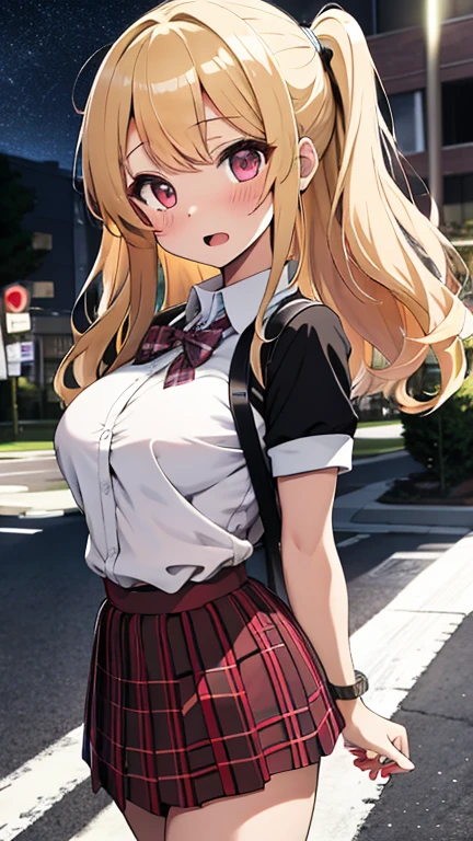 masterpiece, Highest quality, High resolution, Kidaka Marine SB, 1 girl, Blonde, Long Hair, Colorful Hair, Red eyes, jewelry, Earrings, Earrings, , White shirt, Tied Shirt, Black choker, Blue tie, Checked skirt, (whole body), Lacy black panties,(Showing panties:1.3),  (Panty shot:1.3), ((Open front shirt)), (I can see your bra:1.3), Cleavage, (The wind is blowing my skirt away:1.3), Outdoor, shopping, Kitagawa Marin、 (Perfect hands, Perfect Anatomy),