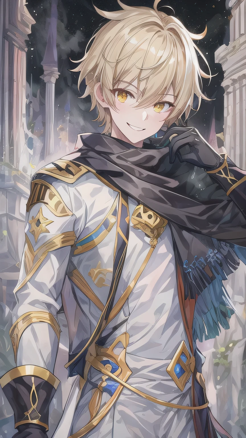 a man with short hair , in a dark dark world background {x} in a white lab suit and white clothes, sparkling golden eyes , in a dark castle background , stand casually ,带着Dangerous Smile , Weird eyes , Ancient Ruins , Smile, bright eyes, dark cold background , Malicious , in a dark castle background , light blond short hair , messy hair , Handsome, black boots , Dark Smile , on dark background , Dangerous Smile , black gloves , golden eyes