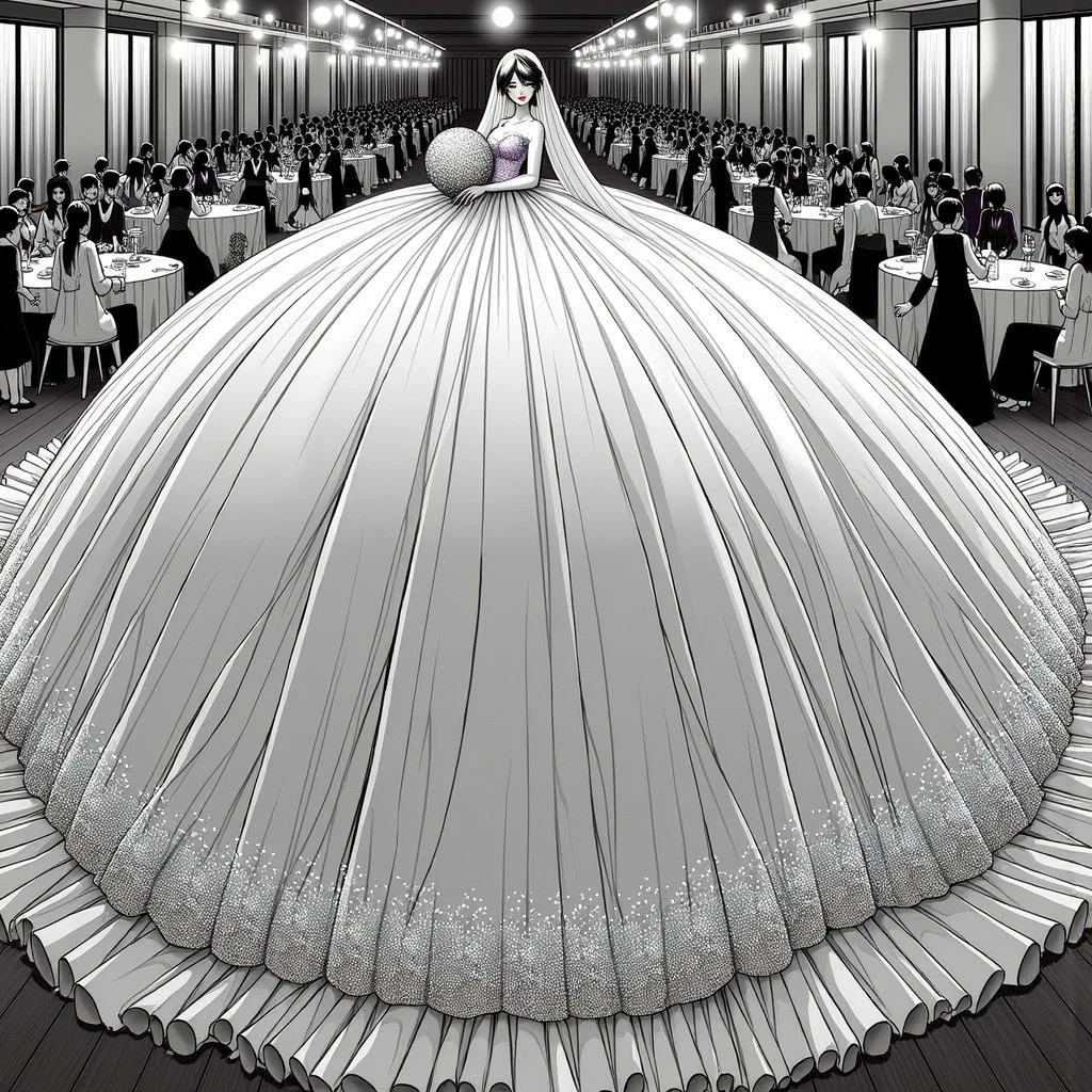((Highest quality)), ((masterpiece)), (detailed), （Perfect Face）、The woman is Reika Aoki, the wife of a mafia boss, with medium-long black hair and an engagement ring.、At a luxurious wedding hall, a woman is wearing a gorgeous wedding dress and happily walking down the red carpet aisle with a mafia boss man, having a luxurious mafia wedding.
