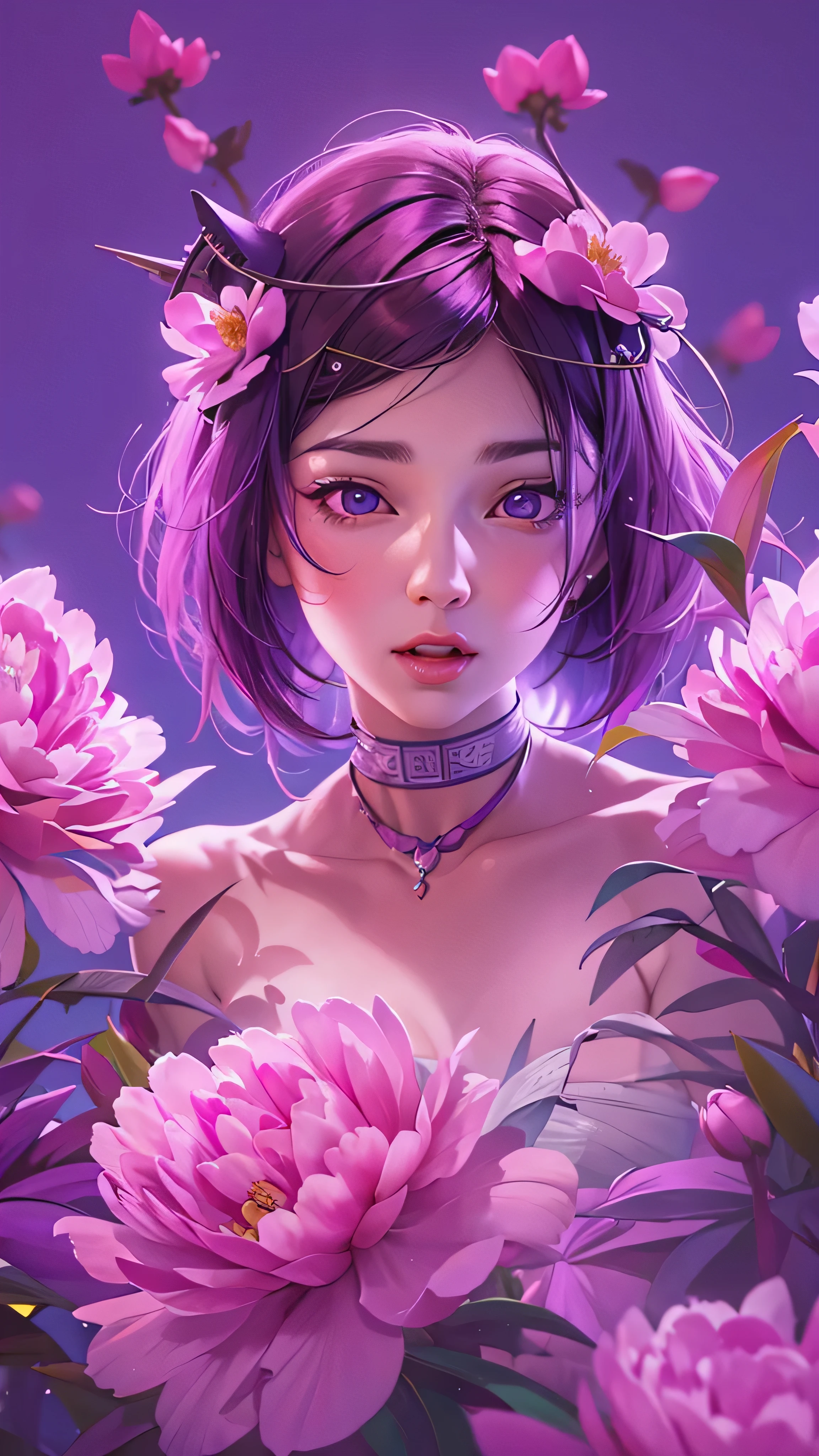 detailed beautiful pink and violet peony flowers, lush foliage, vibrant blue background, highly detailed, hyper-realistic, 3D, octane render, bright vivid colors, digital painting, trending on Artstation, sharp focus, photorealistic, masterpiece, (best quality,8k,highres,ultra-detailed:1.2),(realistic,photo-realistic:1.37)