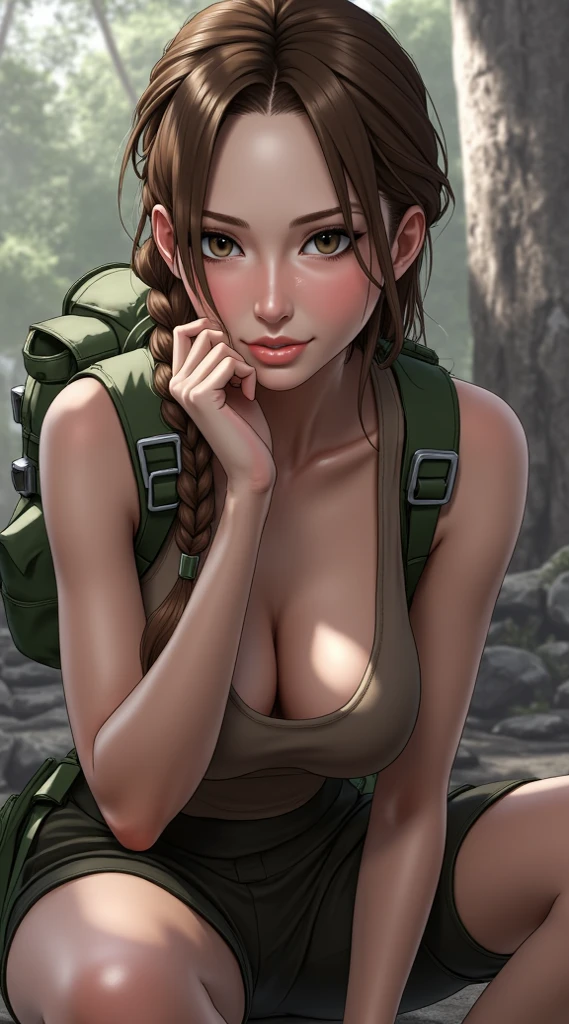 (obra maestra, ultra-detallado, mejor calidad, enfoque claro, sombra, Resolución ultra alta, 8k, anatomía perfecta, cara perfecta, (cara detallada), (detallado ojo), Lara Croft anime-style with long, braided brown hair. Her eyes are large and expressive, with a light makeup look emphasizing her natural beauty. She rests her chin on her hand, gazing directly at the viewer with a slight smile. Her outfit includes a fitted tank top in a neutral color, paired with straps resembling a backpack. There are green accents.
The background showcases an jungle with tall trees giving a sense of height and perspective. 
