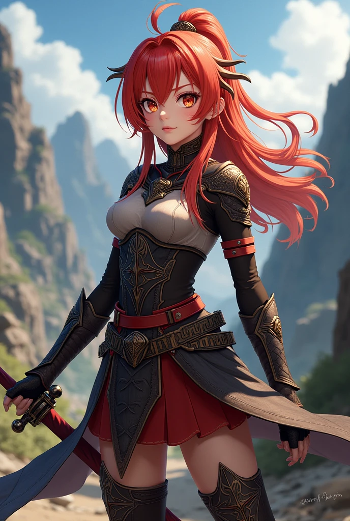 A red-haired girl wields the Heavy Thrusting Swords from within the Elden Ring in a reverse grip.
