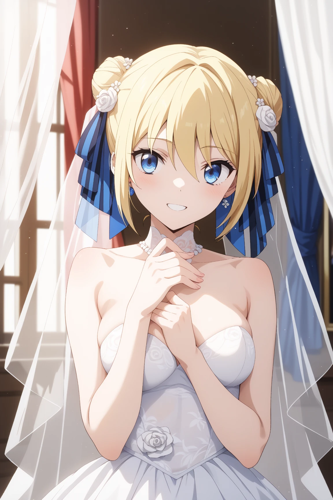 alice zuberg, bangs, blue eyes, blonde hair, hair between eyes, very long hair, braid, hairband, white hairband,
BREAK gloves, dress, cleavage, bare shoulders, collarbone, elbow gloves, white gloves, white dress, strapless, tiara, veil, strapless dress, wedding dress, bridal veil,
BREAK indoors, church,
BREAK looking at viewer, BREAK (masterpiece:1.2), best quality, high resolution, unity 8k wallpaper, (illustration:0.8), (beautiful detailed eyes:1.6), extremely detailed face, perfect lighting, extremely detailed CG, (perfect hands, perfect anatomy),