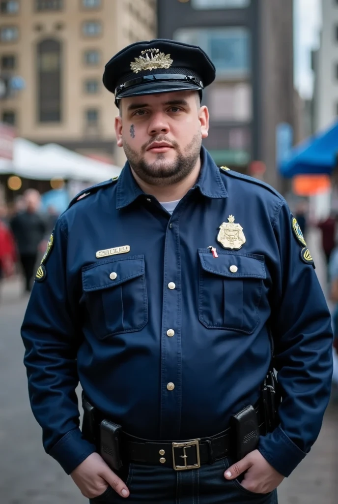 a police officer, detailed uniform, police badge, police cap, serious expression, standing pose, urban setting, city buildings in background, cinematic lighting, photorealistic, highly detailed, masterpiece, (best quality,4k,8k,highres,masterpiece:1.2),ultra-detailed,(realistic,photorealistic,photo-realistic:1.37),HDR,studio lighting,extreme detail description,professional,vivid colors