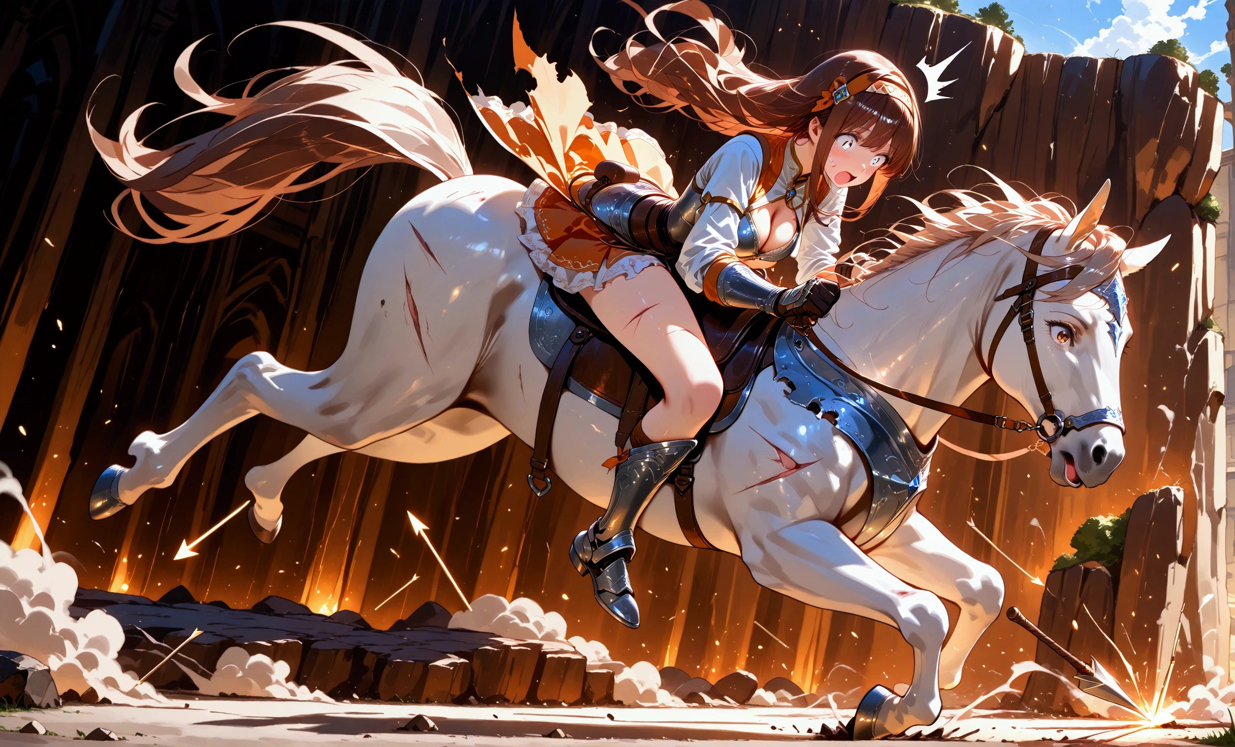 (masterpiece:1.3), (8K, best quality:1.3), Highest image quality, intricate details, high resolution, depth field, Natural light, professional lighting, BREAK, 
riding, horse, (((a young woman wearing in adventurer clothes riding her horse falling down to the ground)), ([long hair, brunette hair, sidelocks, hairband, cleavage, medium breast]), (shocked expression, ripped dress, ripped miniskirt, breastplate with cuts, cleavage, damaged gauntlet, gloves, bare legs, greaves with cuts )), BREAK, ([white horse, saddle, reins, bridle, falling down, open mouth, hit by arrow, looks pain]), solo, (on the cliff,  dust trails, fantasy settings:1), both hand holding rein, from side: 1, anatomically correct