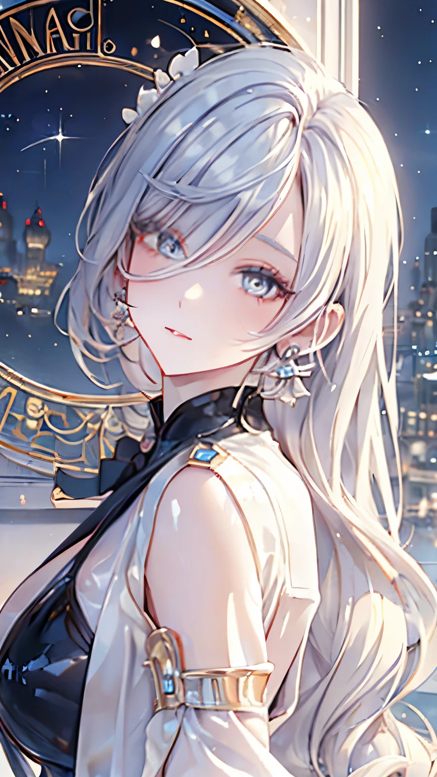 masterpiece, coffee, cafe owner,white hair girl,pale diamond eyes, starry eyes, pale eyes, myth, fantasy, magic, mana, in tower, fantastic , beautyful , cafe background, masterpiece , 8k, ultraquality, magic,nice post, boss, queen personality, trend fashion
