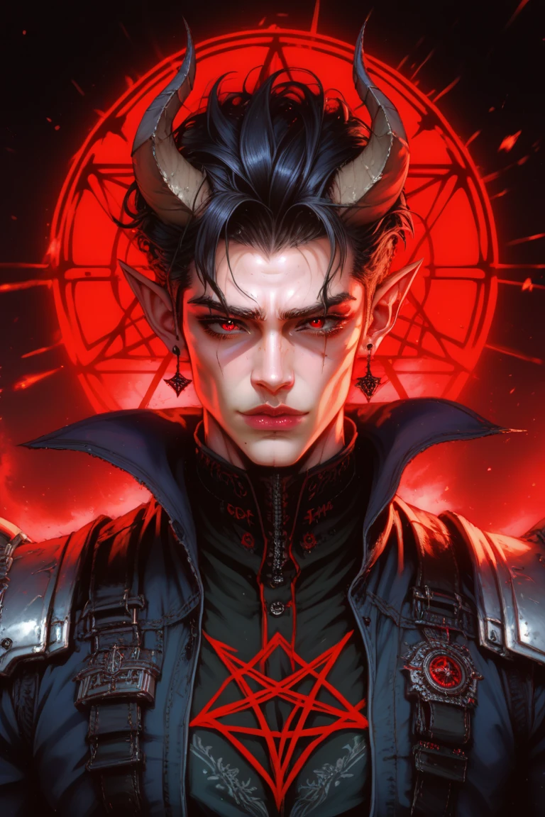 Demon Boy, Black colored hair, red - eyed, A blue scarf wrapped around his neck, Ancient black clothing, Black horns, Devilish black tail，There is hair at the end, Long ears, White Skin Skin, Large black wings, Hanging in space.