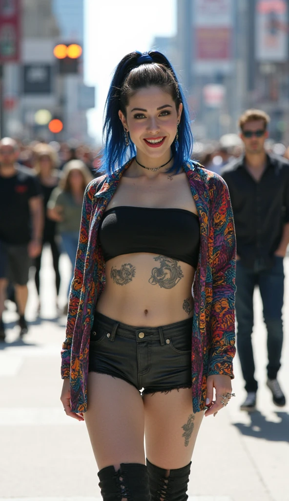 instagram photo, 18 years old, italian woman, ((punk hair)), ((dark blue eyes)), , (((supermodel face))), ((sexy punk outfit, torn shirt, sexy punk red kilt)), (cleavage), hard shadows, [8K, Best Quality, Masterpiece, Ultra High Resolution, (highly detailed CG unity 8k wallpaper), (best photo), (best shadows), isometric 3D, octane rendering, ray tracing, highly detailed, Realistic hands. Blurred foreground], summer atmosphere, (strong black eyes mascara)