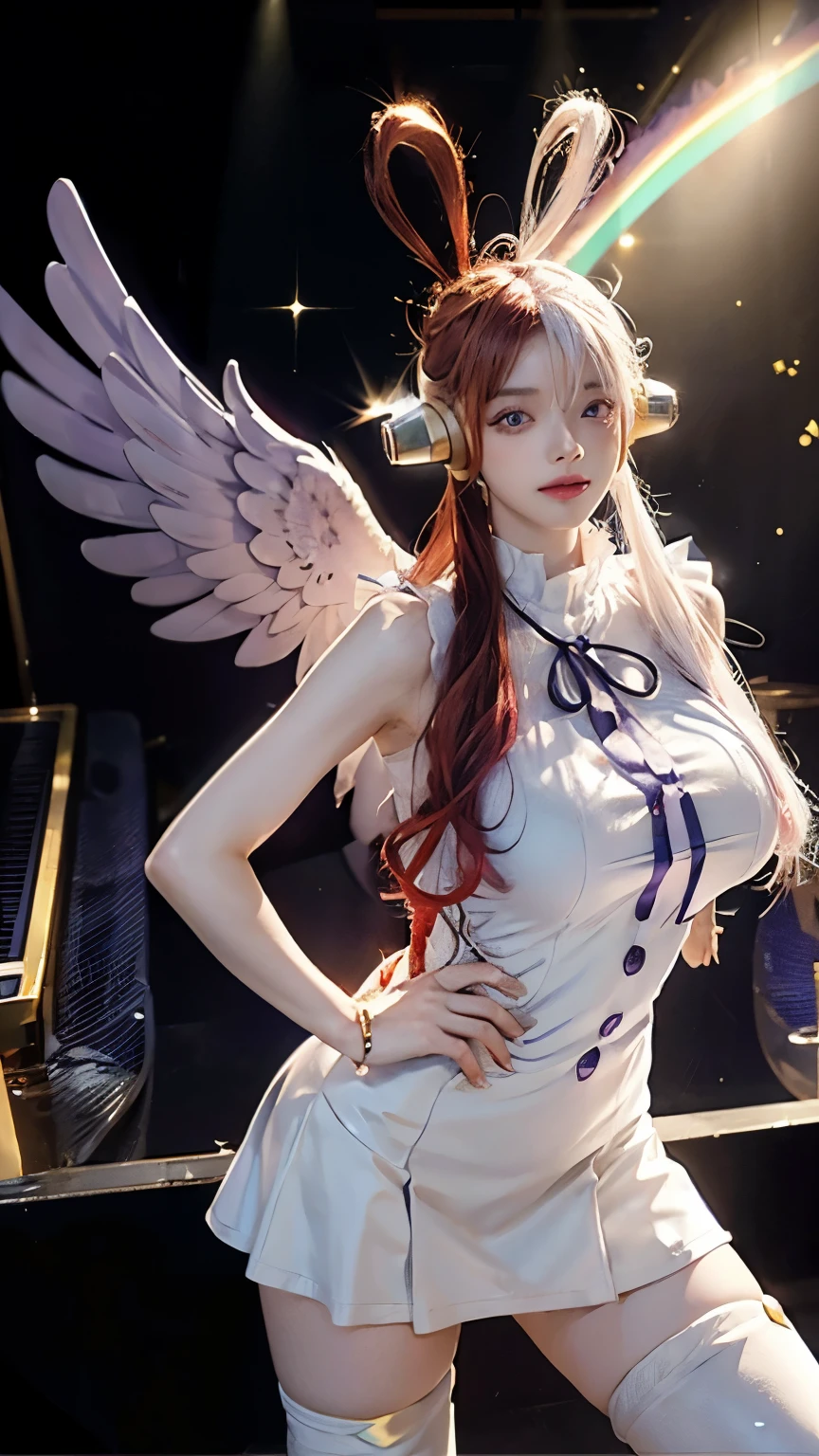 Beautiful red-haired woman with long, straight hair falling under her shoulder, wearing high school clothes, blouse with red tie and red mini skirt, high black socks that go up to the knees and all star sneakers, large angel wings of black color, red makeup around the eyes making a drawing on the face,  purple color eyes, red lipstick, a mole on the left side of the mouth, perfect face, expression of shame, cute expression, perfect body, round chest, big ass, thick thighs, whole body, sexy angle detailed scenery, detailed photo, masterpiece, 8k, raw photo, perfect lighting