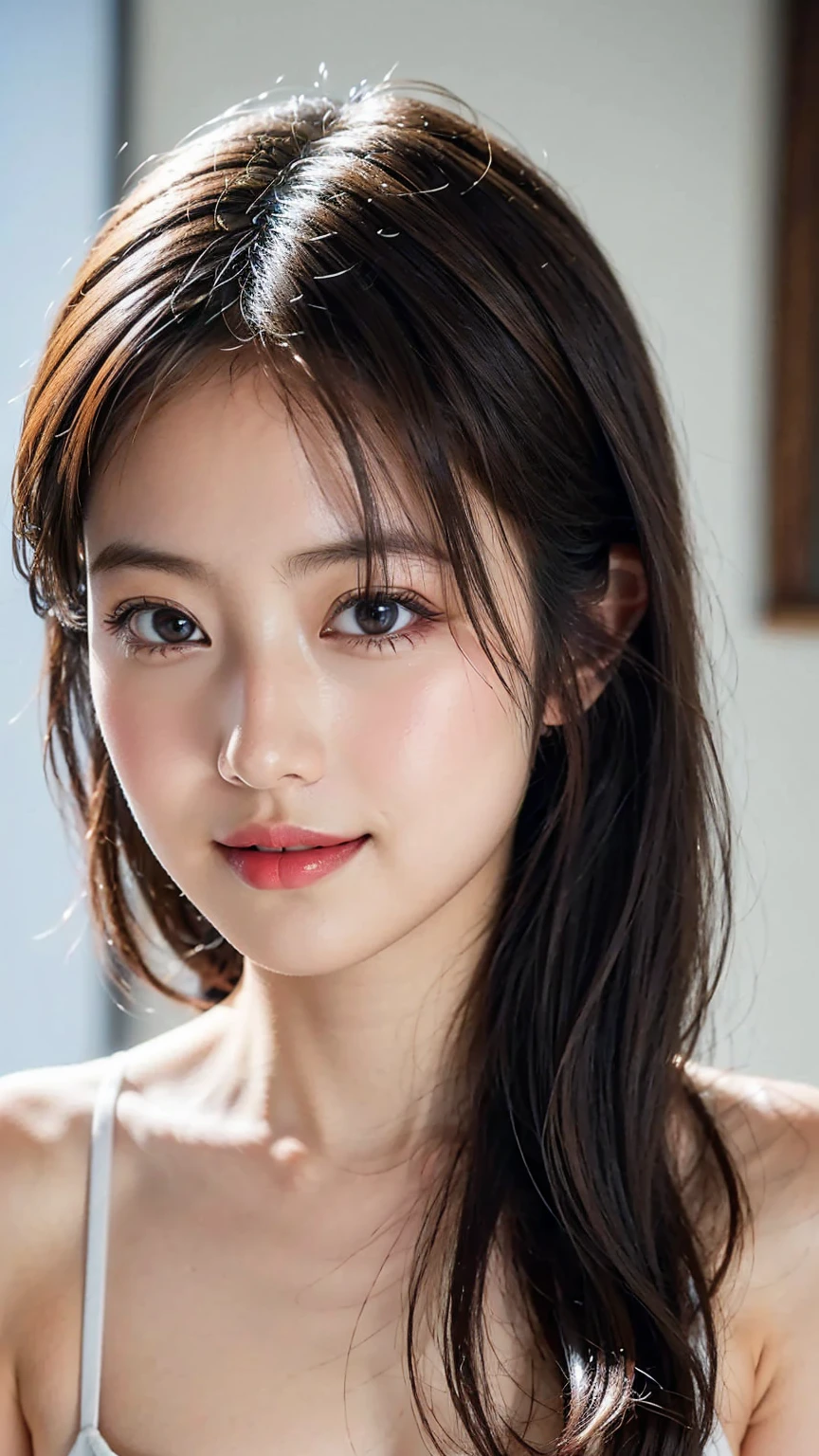 ((8k, highest quality, masterpiece、Realistic、Ultra-high resolution))、((Japanese women))、((Black Short Hair))、(Small breasts)、(((Eye corners are((one))mole)))、((Face is golden ratio))、Beautiful Face、Beautiful Eyes、Delicate face、Focus on the face、glossy、Beautiful face、smile、Teeth are visible、Best Woman