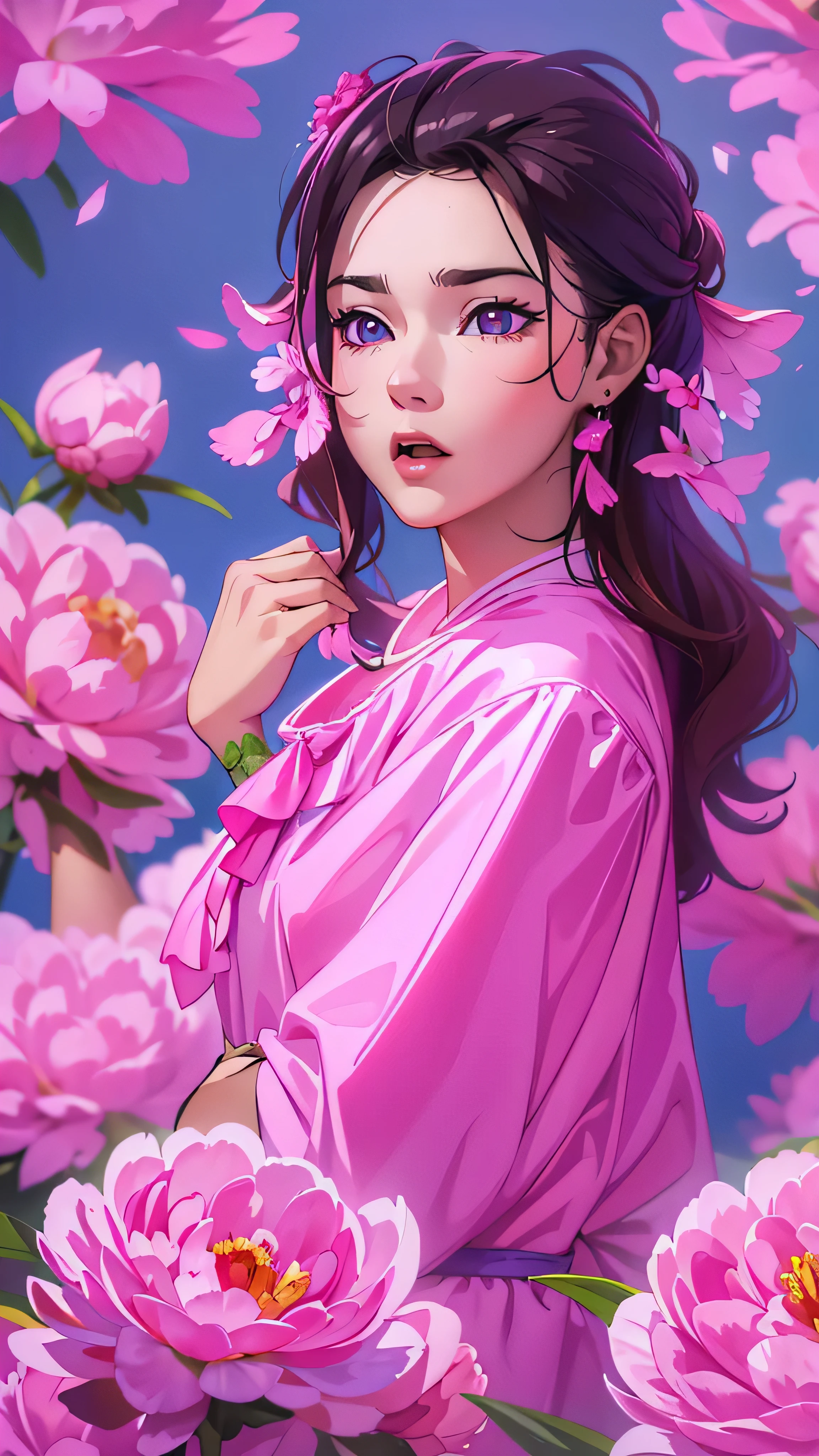 in high definition,Lots of pink peony flowers, blue background, very detailed on trends , ultra-realistic , 3d, octane render , bright color, digital painting , Catgirl brunette , sharp concentration,
