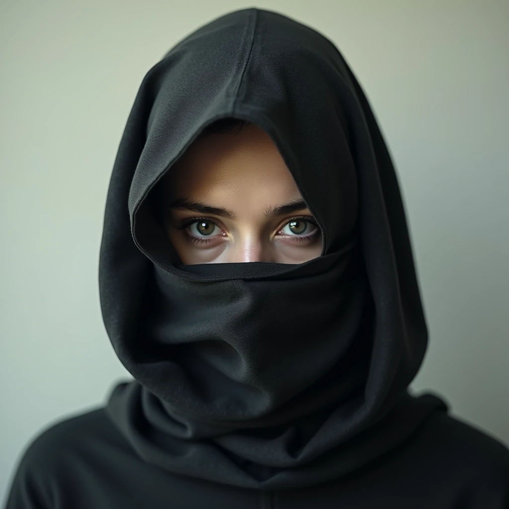 (photography)(dynamic) A closeup face of a female Malay, wearing hijab. Tape gagged mouth. Blindfolded.