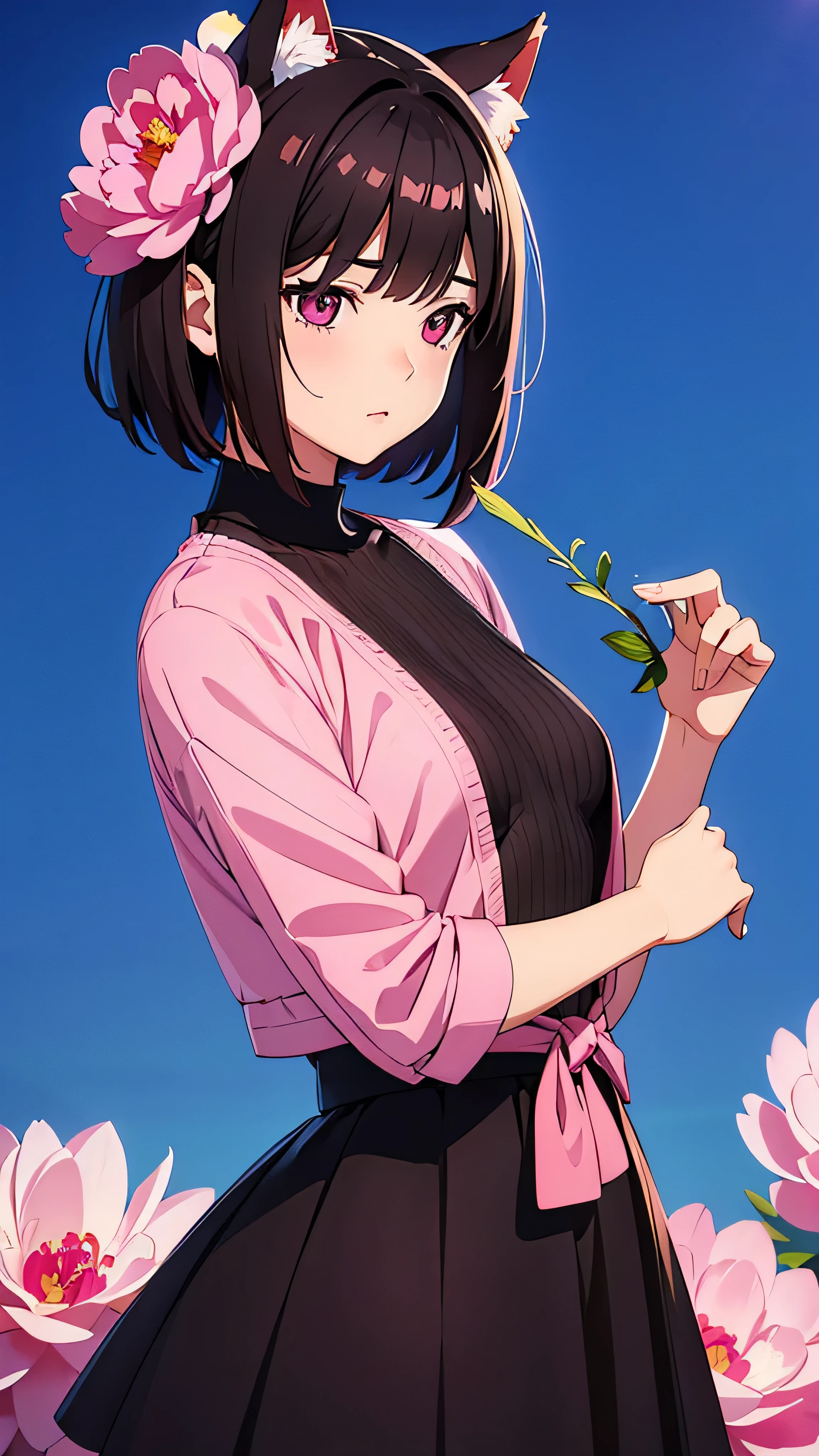in high definition,Lots of pink peony flowers, blue background, very detailed on trends , ultra-realistic , 3d, octane render , bright color, digital painting , Catgirl brunette , sharp concentration,