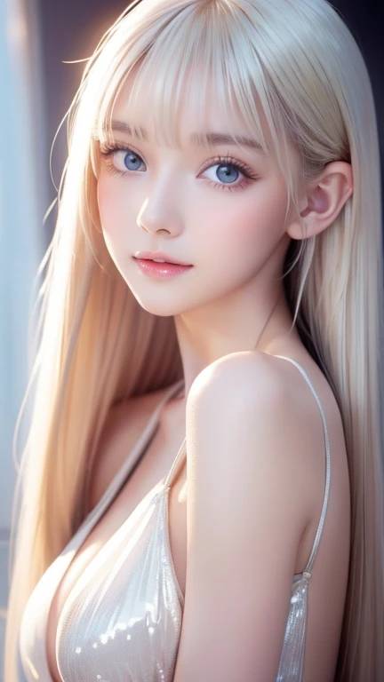  portrait、very white high school girl、Young, white, shiny skin 、Best Looks、Blonde Reflected Light 、 Platinum Blonde Hair with Dazzling Highlights 、Shiny bright hair、super long silky super long straight hair、Shiny, beautiful bangs、 sparkling crystal clear and charming big bright, very bright ice blue eyes、A lovely young, cute, innocent  girl with a very beautiful innocent appearance 、 raise one arm、Full-bodied Esbian、 beautiful breasts、Small Face Beauty、round face、 bangs that fall over the eyes、Bangs between the eyes、 Cheek Gloss Highlights 