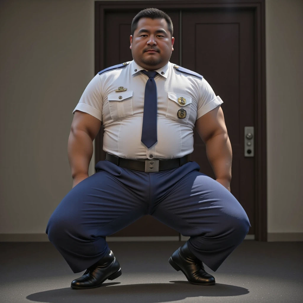 4k quality, solo, middle-aged male, Chinese man, China face, massive pec, strong muscles, big belly, black hair, police, wearing police suit, light blue shirt tucked into pants, tie,belt, heat, sweat stains, sweat all over, shame, grey gloomtache, ((erect)), (((raising the crotch))), massive pec, blush,drunk satisfied looking, standing, corridor, realistic, realistic lighting, intricate detail, photorealistic, highres, captured in a wide view by Tim Walker, <lora:Chubby_man_2:0.6>