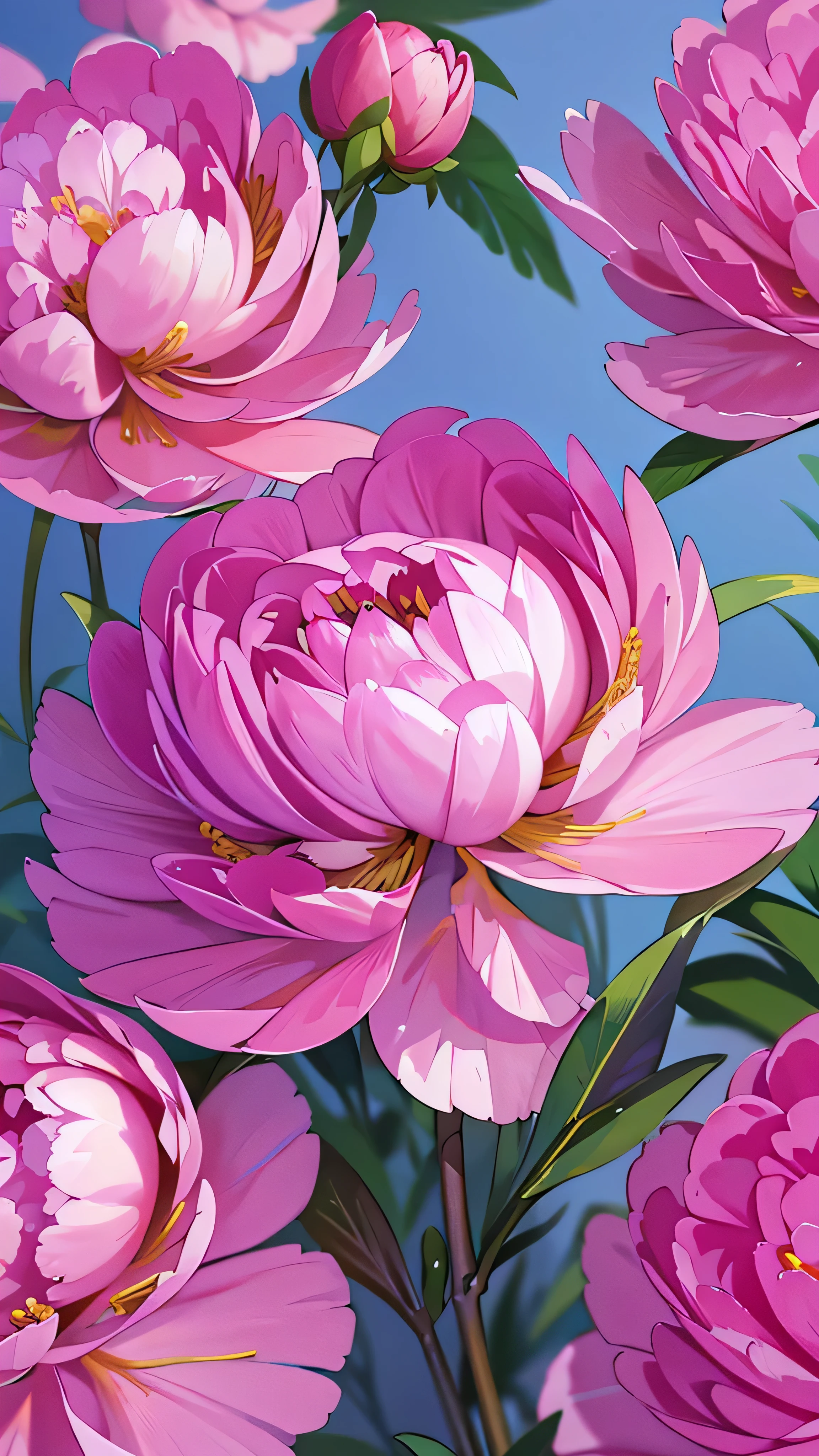 in high definition,Lots of pink peony flowers, blue background, very detailed on trends , ultra-realistic , 3d, octane render , bright color, digital painting , Catgirl brunette , sharp concentration,