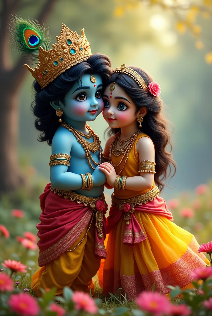 Create a close-up image of young Radha and Krishna, both around , in a picturesque Vrindavan setting. Krishna, with dark blue skin, is holding a flute, wearing a yellow dhoti and a peacock feather in his hair, while Radha, with fair skin, is dressed in a red and gold lehenga with traditional jewelry. , innocent smile. The background should be soft and blurred with hints of flowers and greenery, highlighting their divine childhood bond. The image should be well-suited for a WhatsApp DP, focusing on their faces and expressions
