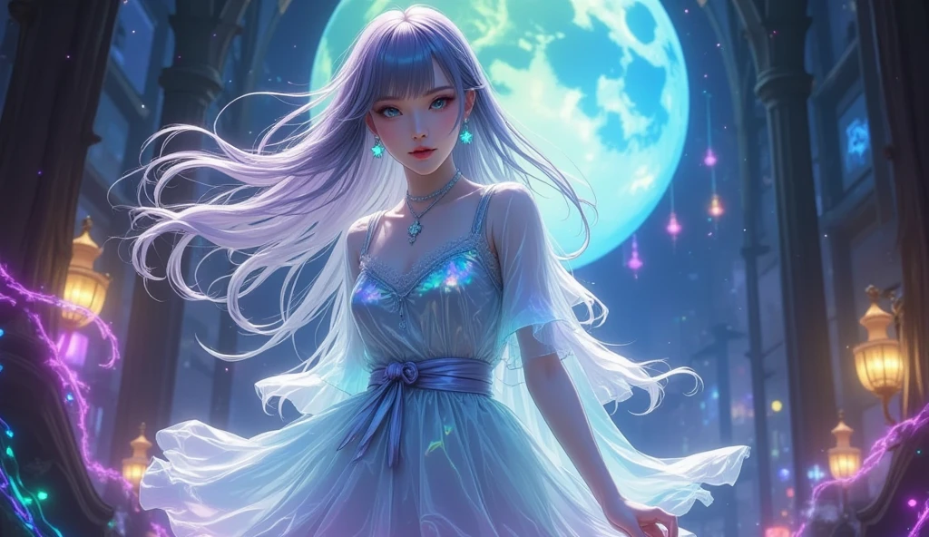 Highest quality,tmasterpiece,Realistic1.3,High detail skin 1.2,8K Ultra HD DSLR,high high quality,4K or 8K high resolution,Bokeh-like proportions(Four fingers and one thumb),Cute 1girl,Tall figure,High ponytail with white hair,Yellow-skinned white skin,Purple pupils,Fluffy princess dress,High-end photo effects with photo edge lighting,Perfectly proportioned fidelity1.3,Young woman,starryskybackground,The upper part of the body。 --auto