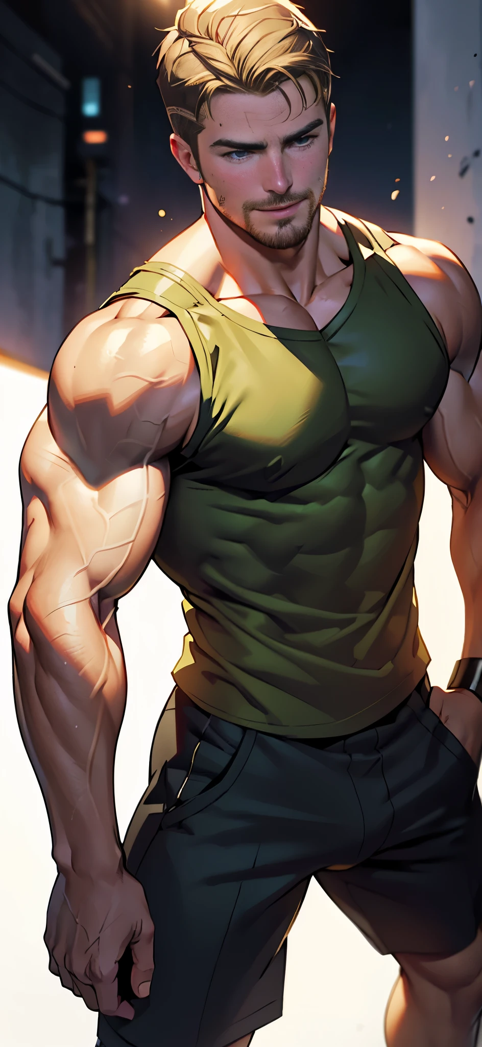 (masterpiece),(Very detailed),(Very detailed),(best quality), perfect lighting, hunk man, bara, boybuilder, lifts weights, ultra muscular, big pecs, ((short messy ginger hair)), tall, stunning, beautifull face, green eyes, tanktop, animated style, perfect face, highest detail, stubble, detailed face, intricate details, expresionless