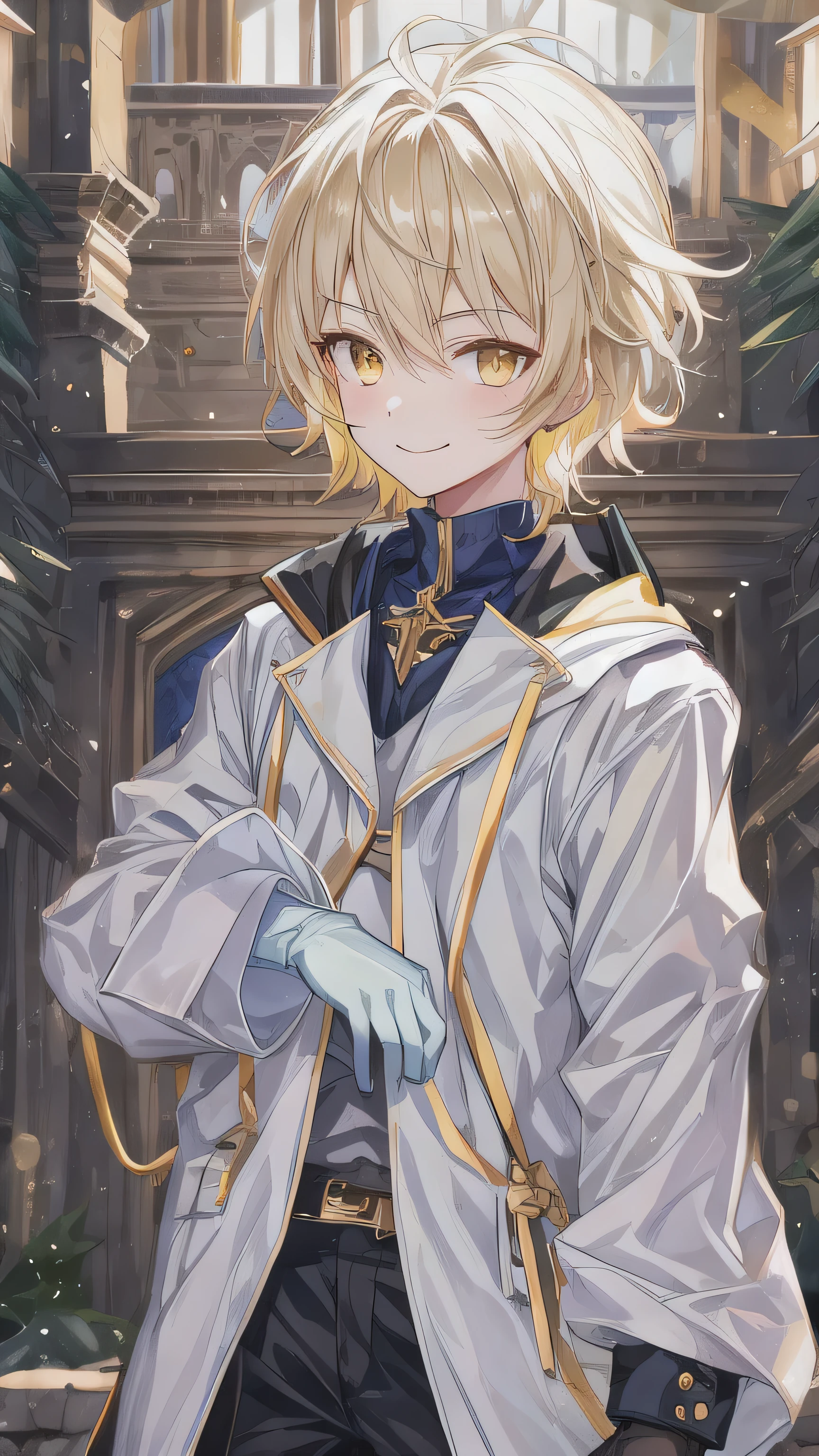  a boy with short hair，  wearing a white lab suit and white clothes，  sparkling golden eyes ，  In a dark castle background ，Stand casually，带着Dangerous Smile ， weird eyes ，  Ancient ruins ，Smile，  bright eyes，  dark cold background ， Malicious ，  dismissive dark world background ，Light blond short hair ，  messy hair ，  handsome，  black boots ，  Dark Smile ，  Dark Background ， Dangerous Smile ，  black gloves ， Golden eyes