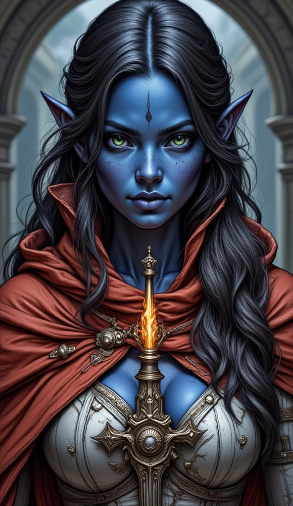 fantasy art, dnd art, RPG art, wide shot, (masterpiece: 1.4) a (portrait: 1.3) intense details, highly detailed, photorealistic, best quality, highres, portrait a female (fantasy art, Masterpiece, best quality: 1.3) ((blue skin: 1.5)), intense details facial details, exquisite beauty, (fantasy art, Masterpiece, best quality) cleric, ((cobalt blue skin: 1.5)) female, (scarlet hair: 1.5)), long hair, (((no ears: 1.5))), (green eyes: 1.3), armed with a fiery sword red fire, wearing (twilight priestly combat vestments: 1.5), wearing white armor,  wearing high heeled laced boots, wearing an (orange cloak:1.3), wearing glowing sun holy symbol  fantasy temple background, reflection light, high details, best quality, 16k, [ultra detailed], masterpiece, best quality, (extremely detailed), close up, ultra wide shot, photorealistic, RAW, fantasy art, dnd art, fantasy art, realistic art,((best quality)), ((masterpiece)), (detailed), perfect face, Cinematic Hollywood Film style, hyp3rd3tail style