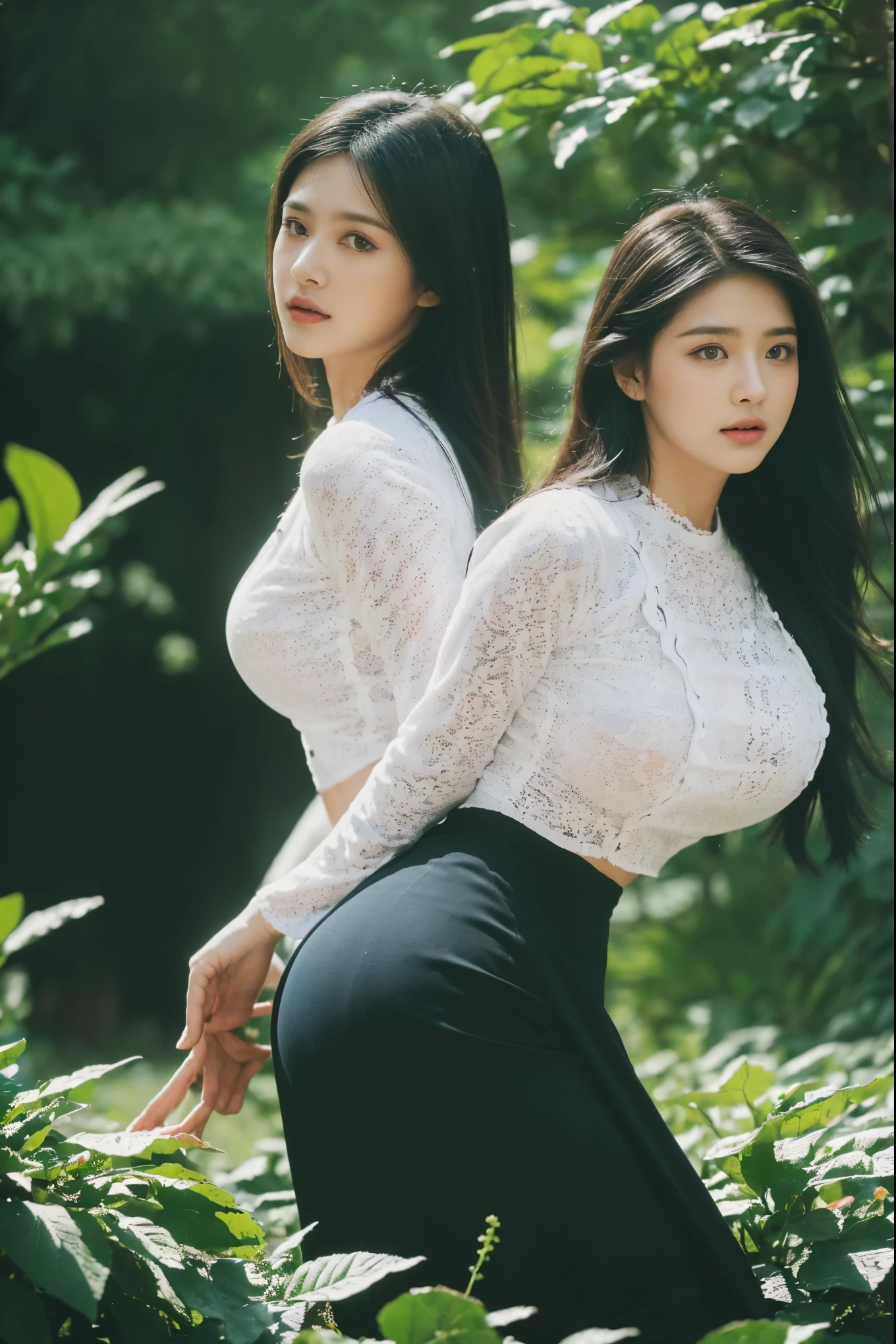 ((Best Quality, 8k, Masterpiece:1.3))), Crisp Focus: 1.2, (Beautiful Woman with Perfect Figure: 1.4) , multiple girls))),((((6girls))))、((6 girls))、The same face、matching uniform、(acmm ls outfit, lace acmm top, wearing acmm long skirt, blue color acmm long skirt, printed skirt,)、Long black hair、((((Gigantic Breasts)))Raw photo、same person、Doppelganger、(group portraits), standing,ass focus ,front view,In the floral plants forest background ,film effect 、best position,best composition, perspective view, ultra wide view,(best quality,4K,8K,highres,masterpiece:1.2),ultra-detailed,(realistic,photorealistic,photo-realistic:1.37),HDR,studio lighting,sharp focus,
