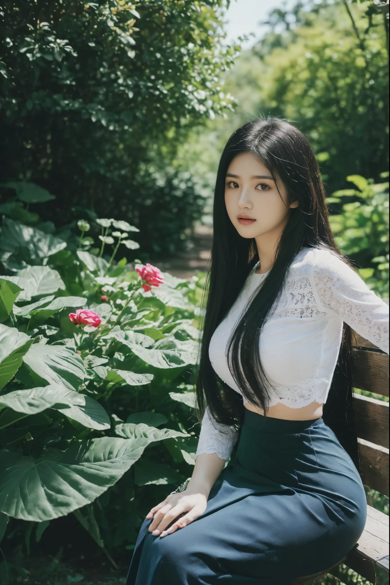((Best Quality, 8k, Masterpiece:1.3))), Crisp Focus: 1.2, (Beautiful Woman with Perfect Figure: 1.4) , multiple girls))),((((6girls))))、((6 girls))、The same face、matching uniform、(acmm ls outfit, lace acmm top, wearing acmm long skirt, blue color acmm long skirt, printed skirt,)、Long black hair、((((Gigantic Breasts)))Raw photo、same person、Doppelganger、(group portraits), standing,ass focus ,front view,In the floral plants forest background ,film effect 、best position,best composition, perspective view, ultra wide view,(best quality,4K,8K,highres,masterpiece:1.2),ultra-detailed,(realistic,photorealistic,photo-realistic:1.37),HDR,studio lighting,sharp focus,