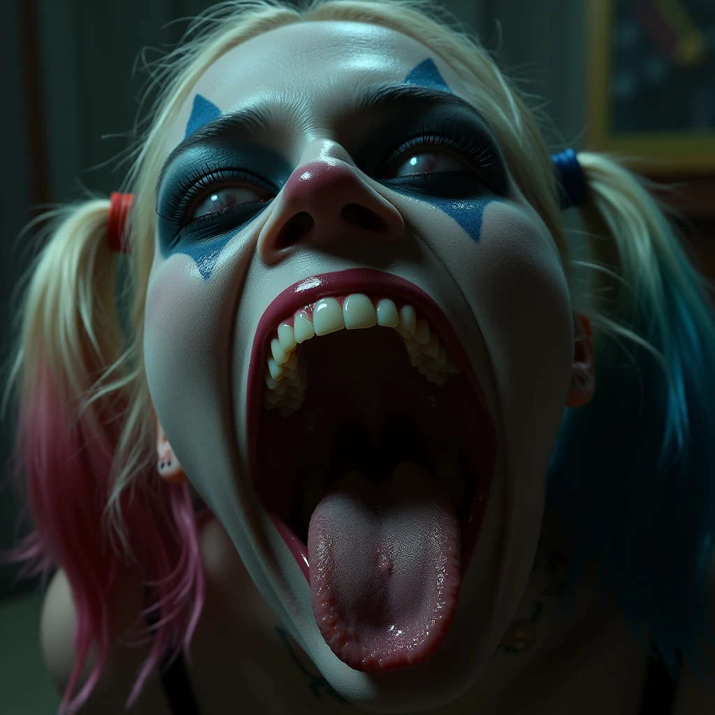 .photo realistic, ultra details, natural light Movie scene of harley quinn shot on 35mm film. exaggerated manic delighted expression. sharp crisp detail. excited. wide eyes. intense. stark lighting. 21 years old. wide shot. long hair. attractive. backlit