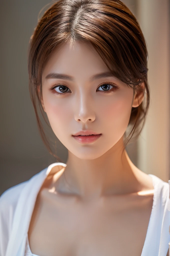 ((Highest quality, 8k, masterpiece :1.3)), One girl, Beautiful woman with slim abdominal muscles :1.3, (Random Hairstyles, Huge breasts :1.2), Bath towel wrapped around upper body :1.2, Highly detailed face, Fine grain, double eyelid、Japanese women