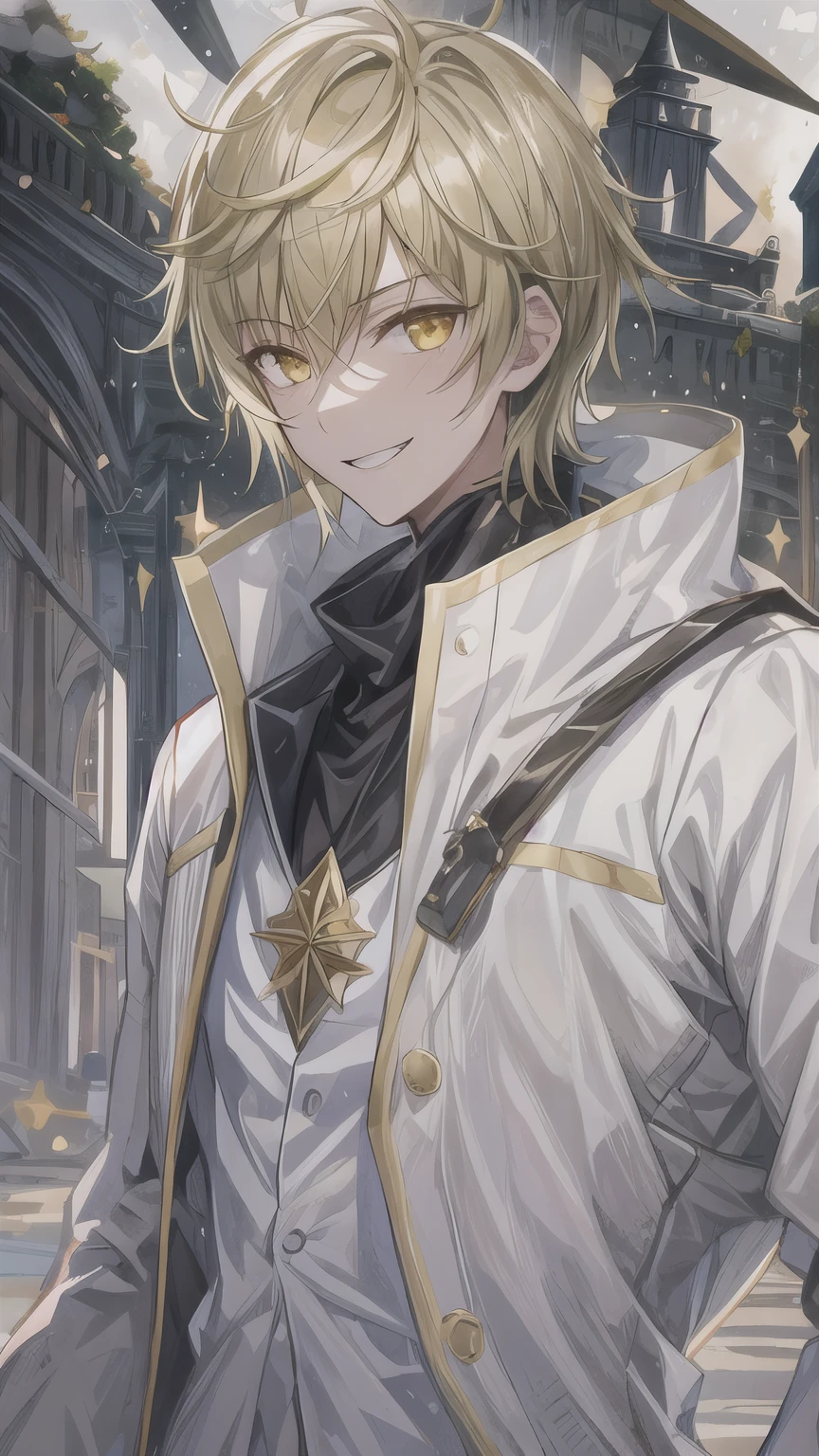 a man with short hair , in a dark dark world background {x} in a white lab suit and white clothes, sparkling golden eyes , in a dark castle background , stand casually ,带着Dangerous Smile , Weird eyes , Ancient Ruins , Smile, bright eyes, dark cold background , Malicious , in a dark castle background , light blond short hair , messy hair , Handsome, black boots , Dark Smile , on dark background , Dangerous Smile , black gloves , golden eyes