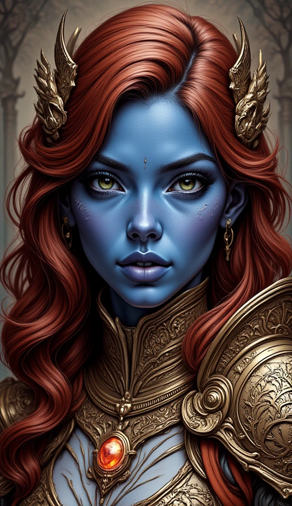 hyper detailed gouache style painting of a gorgeous Tiefling in medieval clothes, with a playful smile on her face, wide perfect amber eyes, hyper realistic textures, 8k, best quality, masterpiece, smooth shadows, correct anathomy, expressive painting style, neon highlights