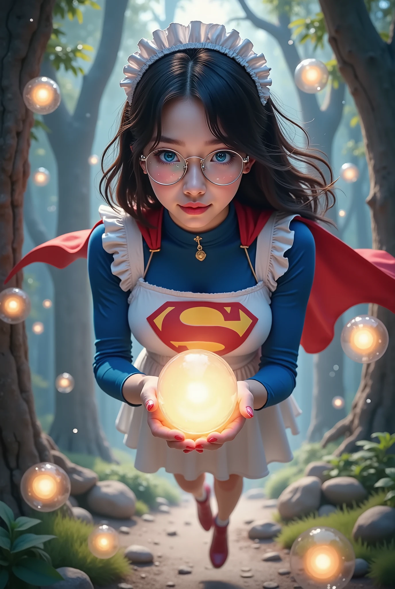 SELFIE, LEVITATING. BLUE EYES. MAID WEARING A BLUE SUPERGIRL COSTUME WITH A RED "S" EMBLEM, RED BOOTS AND RED CAPE., JAPANESE FEMALE, dark BLACK hair, light skin, shiny glasses lenses, mouth closed and SEXY expression, with her hands holding a BIG glowing orb while MULTIPLE SWIRLING glowing spheres orbit around her. ARCANE FORREST BACKGROUND. CRYSTAL CLEAR 4K IMAGE. 4K SKIN TEXTURES.PHOTO REALISM, PROFESSIONANL PHOTO. ULTRA HIGH RES. POPPING WITH 3D COLORS AND TEXTURES. 3D EFFECTS
