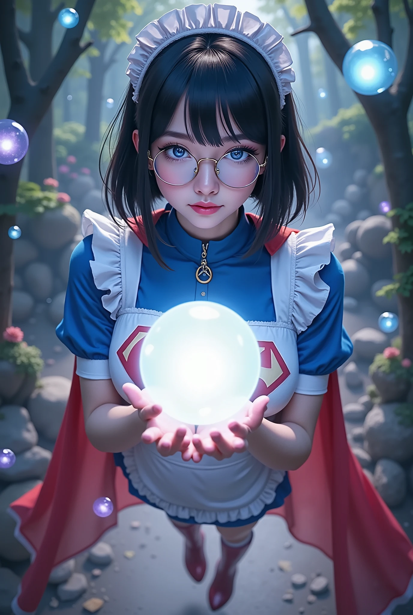 SELFIE, LEVITATING. BLUE EYES. MAID WEARING A BLUE SUPERGIRL COSTUME WITH A RED "S" EMBLEM, RED BOOTS AND RED CAPE., JAPANESE FEMALE, dark BLACK hair, light skin, shiny glasses lenses, mouth closed and SEXY expression, with her hands holding a BIG glowing orb while MULTIPLE SWIRLING glowing spheres orbit around her. ARCANE FORREST BACKGROUND. CRYSTAL CLEAR 4K IMAGE. 4K SKIN TEXTURES.PHOTO REALISM, PROFESSIONANL PHOTO. ULTRA HIGH RES. POPPING WITH 3D COLORS AND TEXTURES. 3D EFFECTS
