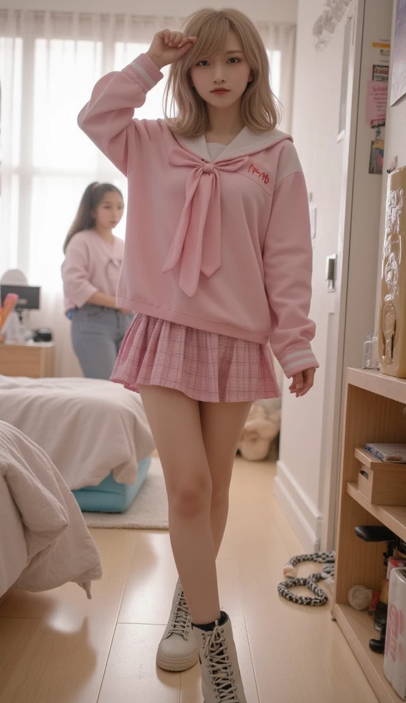 Laia Manzanares, 13yo, tween, perfect face, beautiful, slim, wearing pink childish clothes, childish bedroom with stuffed animals, pink choker, (non_nude)), sfw, nn