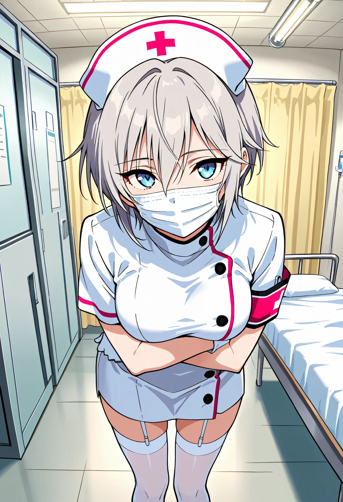 score_9, score_8_up, score_7_up, source_anime, anstsa, short hair, grey hair, bangs, hair between eyes, blue eyes, medium breasts, (best quality), (high quality), {masterpiece}, extremely delicate and beautiful, ultra-detailed, beautiful detailed eyes, nurse, nurse hat, ((white nurse's outfit)), white gloves, white legwear, zettai ryouiki, hospital room, ((white surgical mask, covered nose)), standing