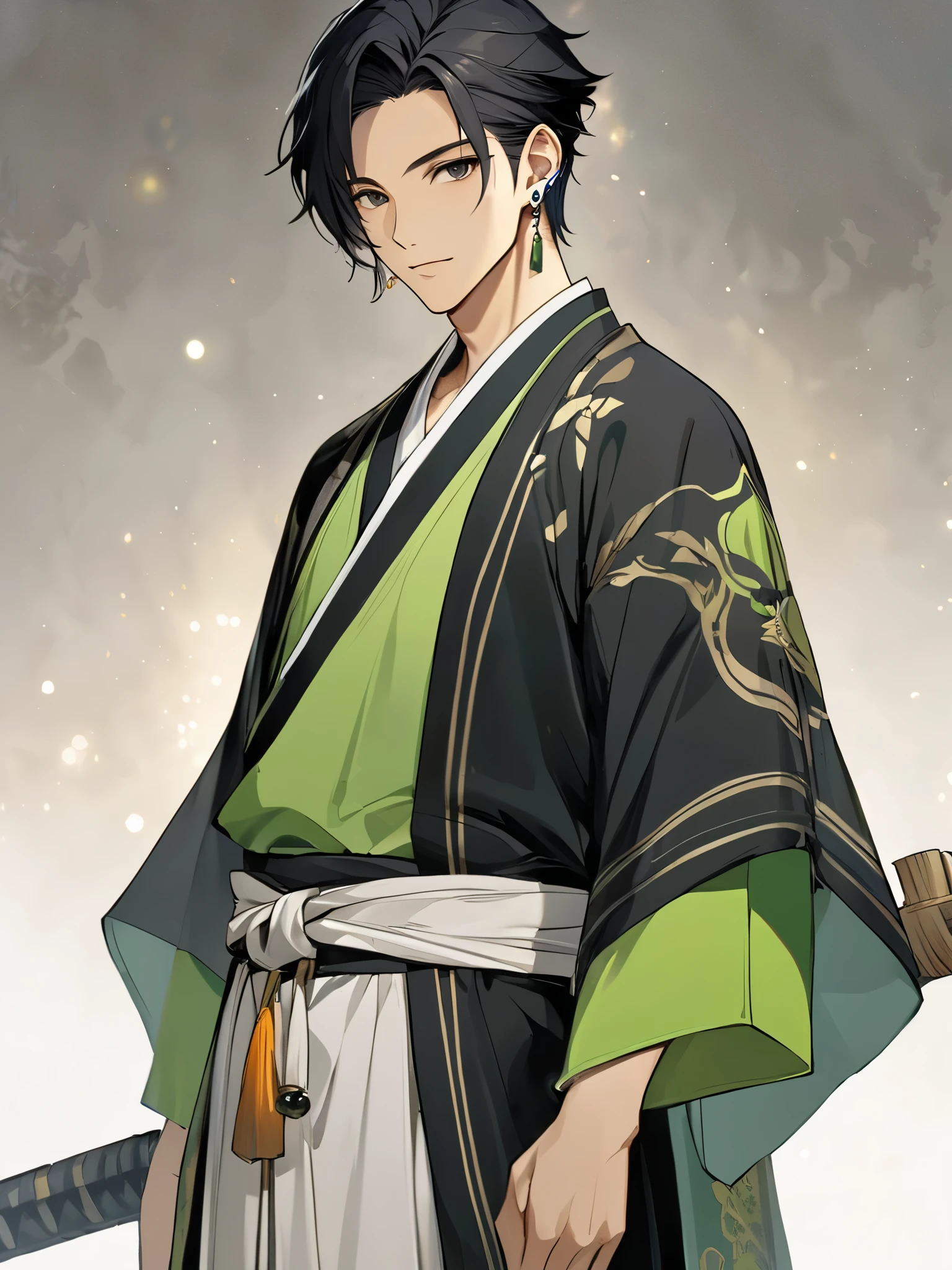 Handsome asian young man, wheatish complexion, tall and cute young man, Black eyes, Light green and gray ancient traditional robe, ear ring for men,  green ear piercing, black hair, short hair, gentle and confident smile, fantasy concept art, high quality anime
