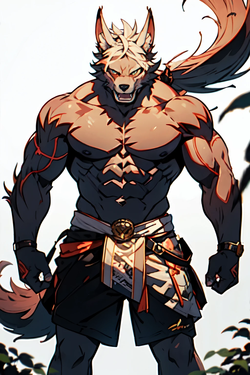 An image of an adult red wolf kemono of about 30 years old with a strong body having well-developed musculature that is somewhat large and voluminous in the sense that they are very well formed, trabaja, robusta y tonificada, In addition to the crotch bulge being huge about it; llevando puesto un tipo de calzoncillo deportivo algo corto y sin camisa, that the entire torso and arms are exposed, in addition to having some scars on his own body. En cuanto al lugar, quiero que sea en el manantial de un antiguo palacio en la jungla, and the red wolf kemono himself is bathing right there and relaxing.